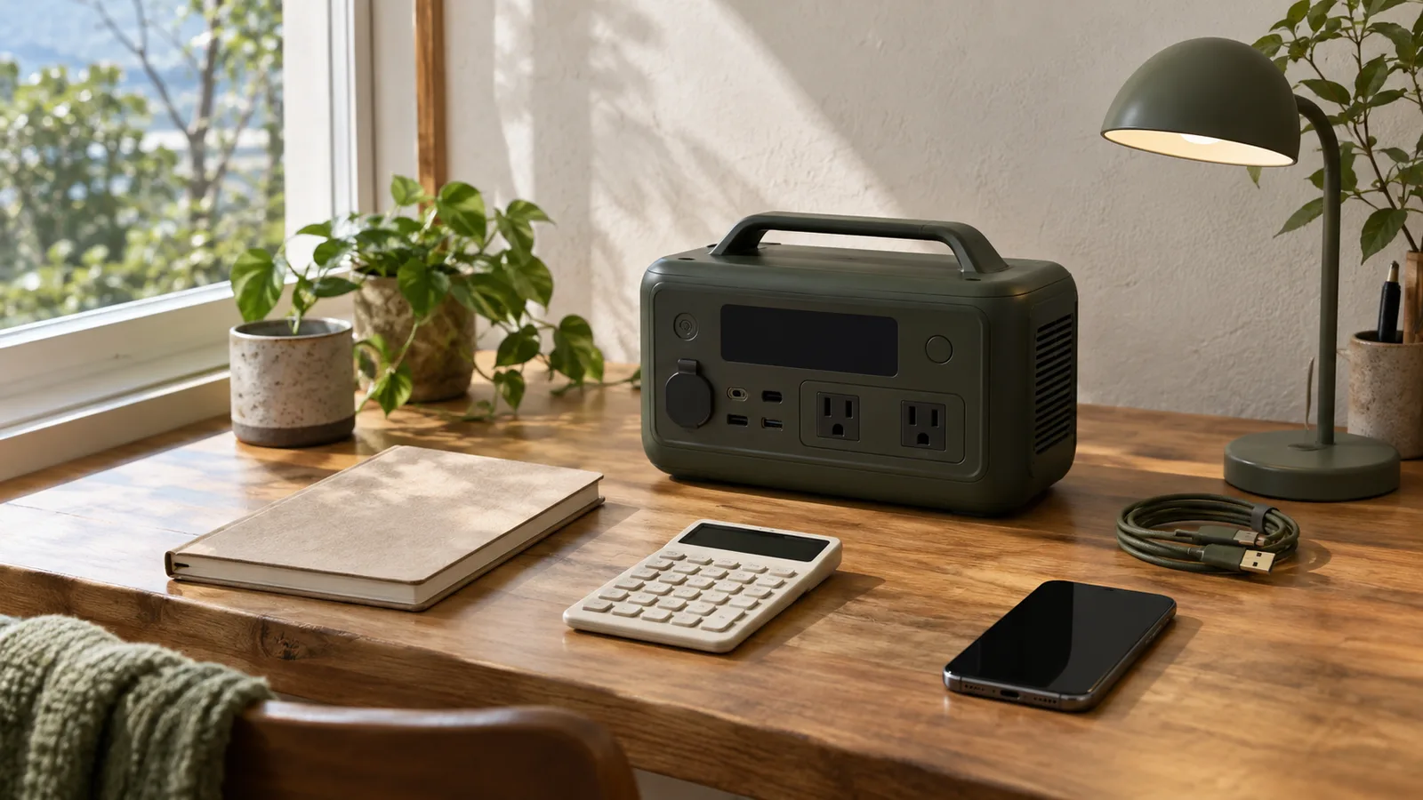 机の上の電卓とノート、照明と電源で使用量を考える場面