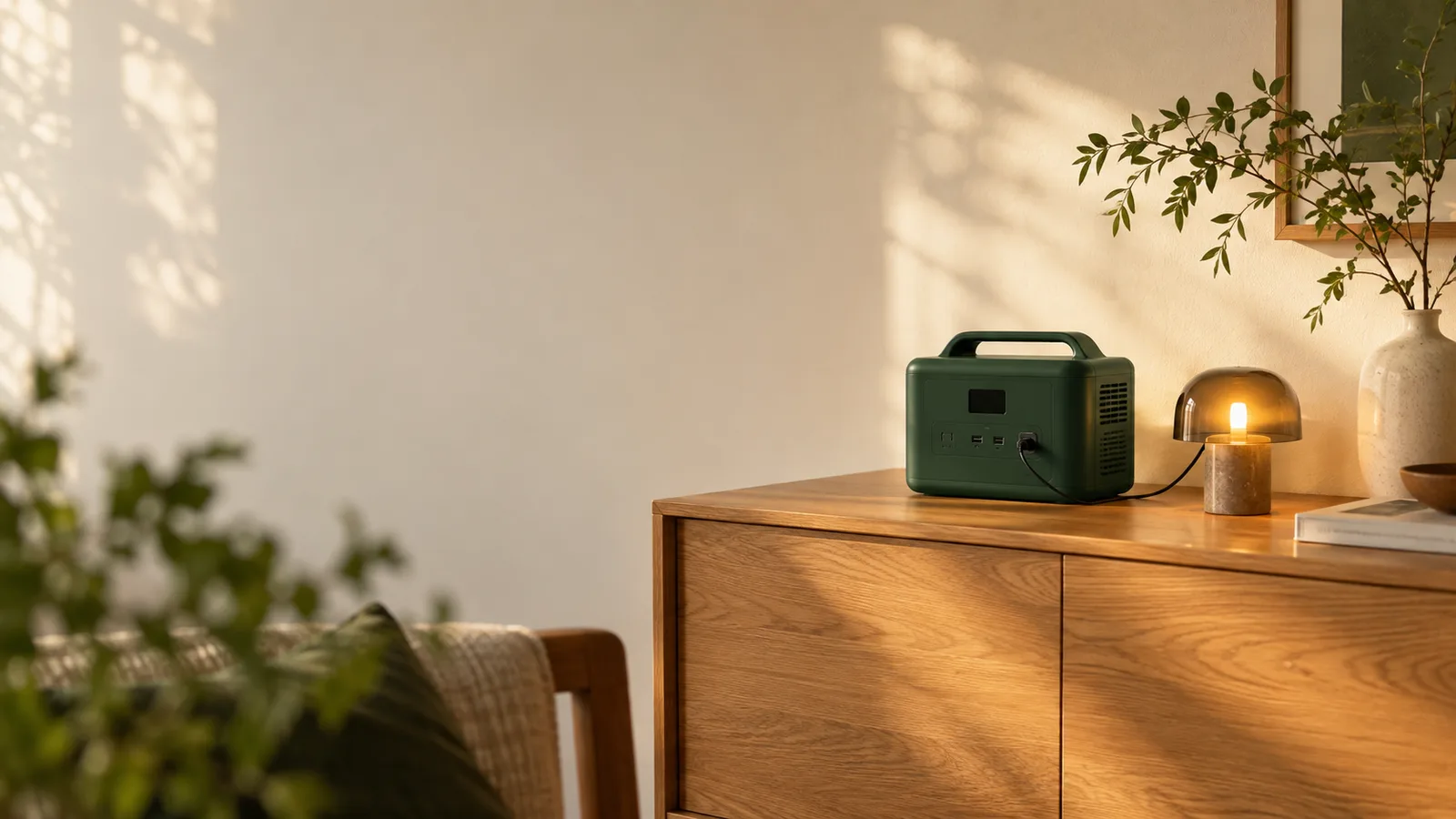 窓辺の木製家具と小さな照明に囲まれた電源のある暮らし