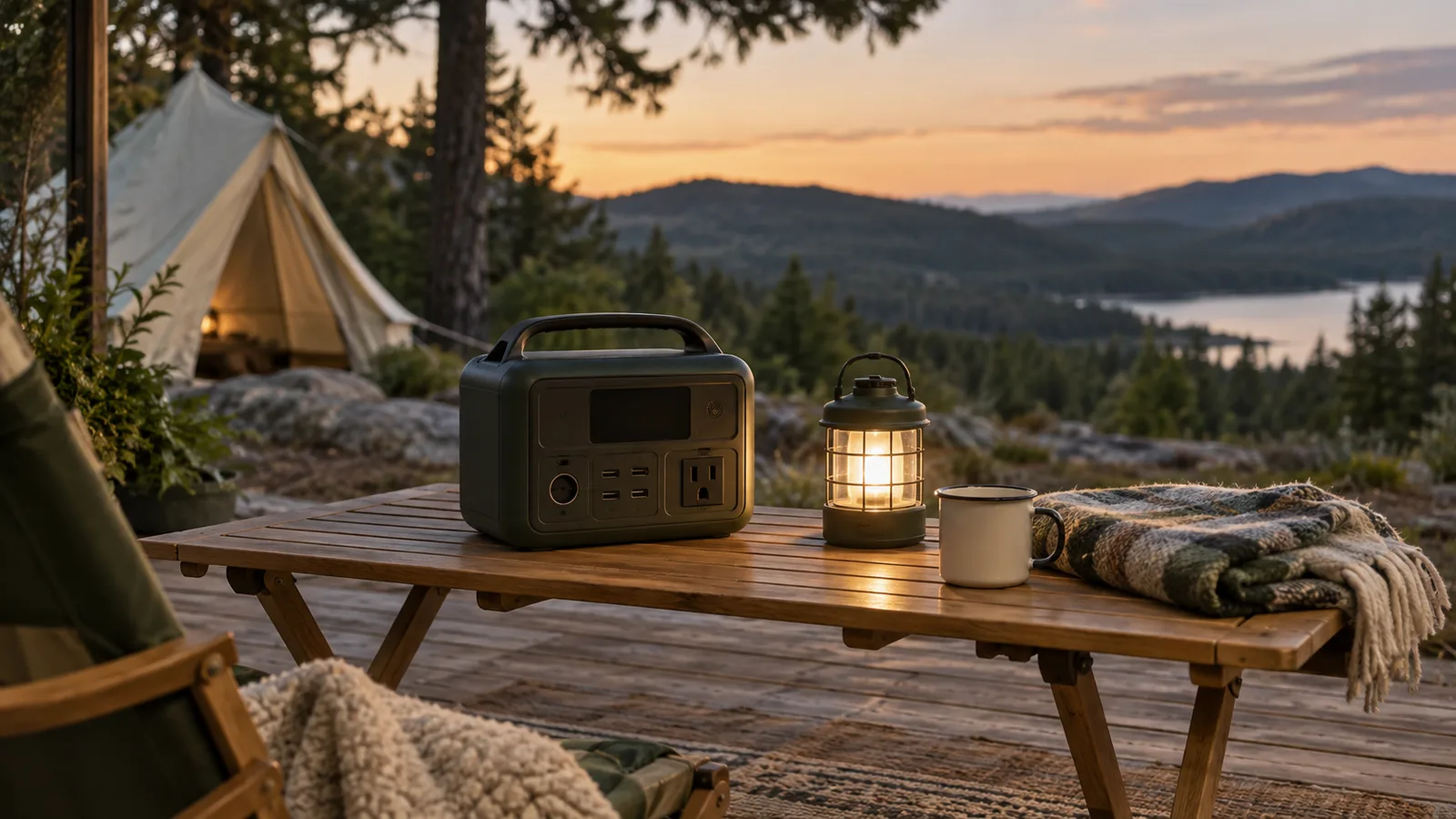 乾いたキャンプテーブルに電源とランタンを置いた夕方の場面
