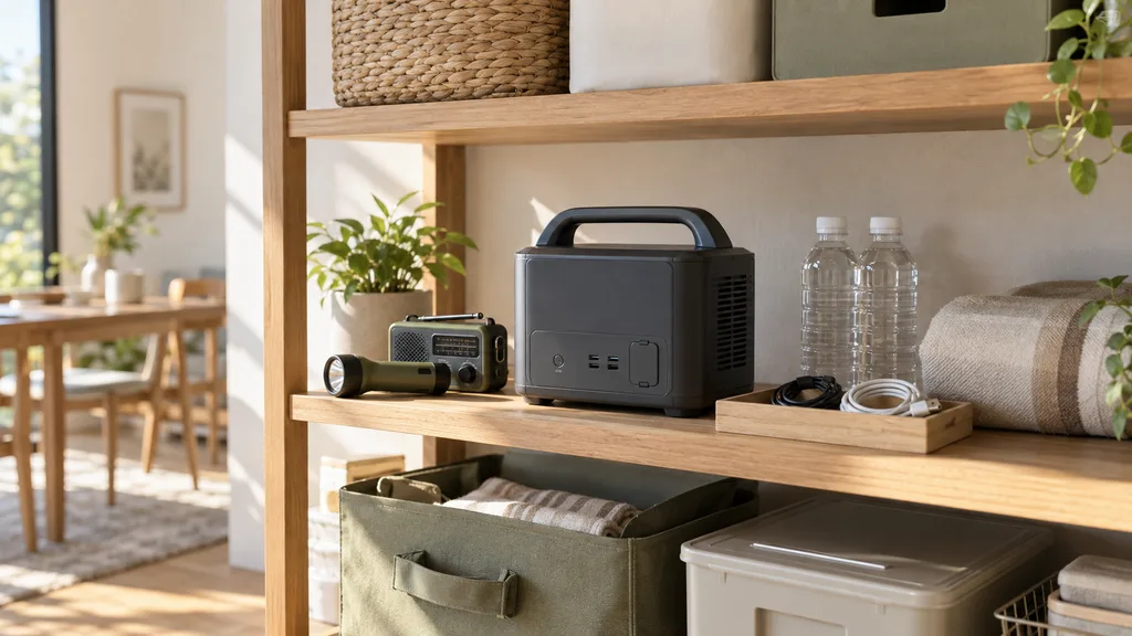 木の棚に備えた電源と非常用品のある暮らし